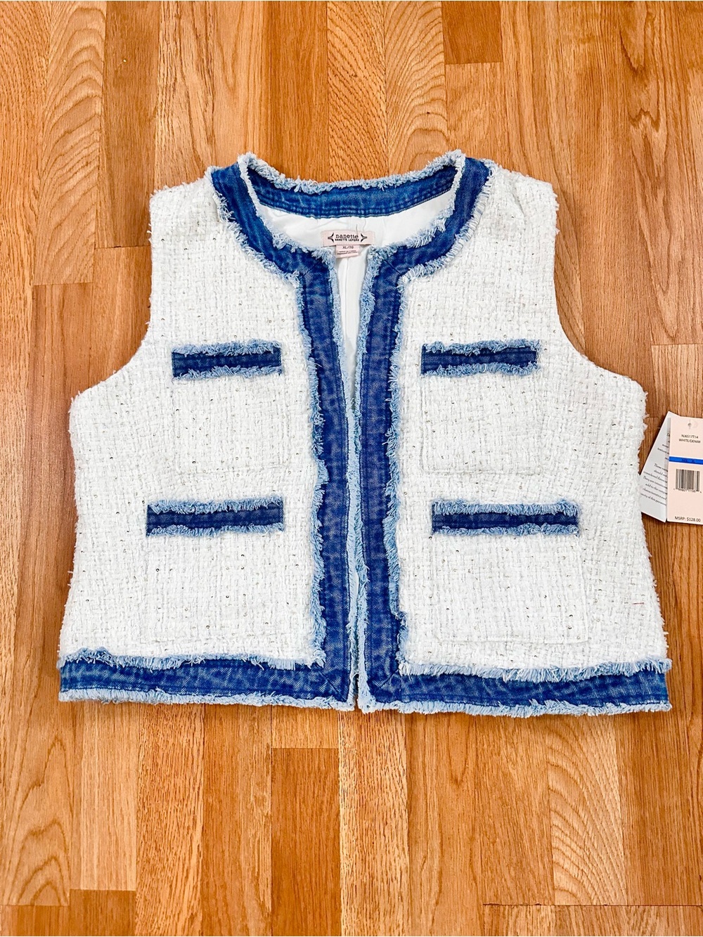 Textured White Tweed Vest with Blue Trim and gold sequins